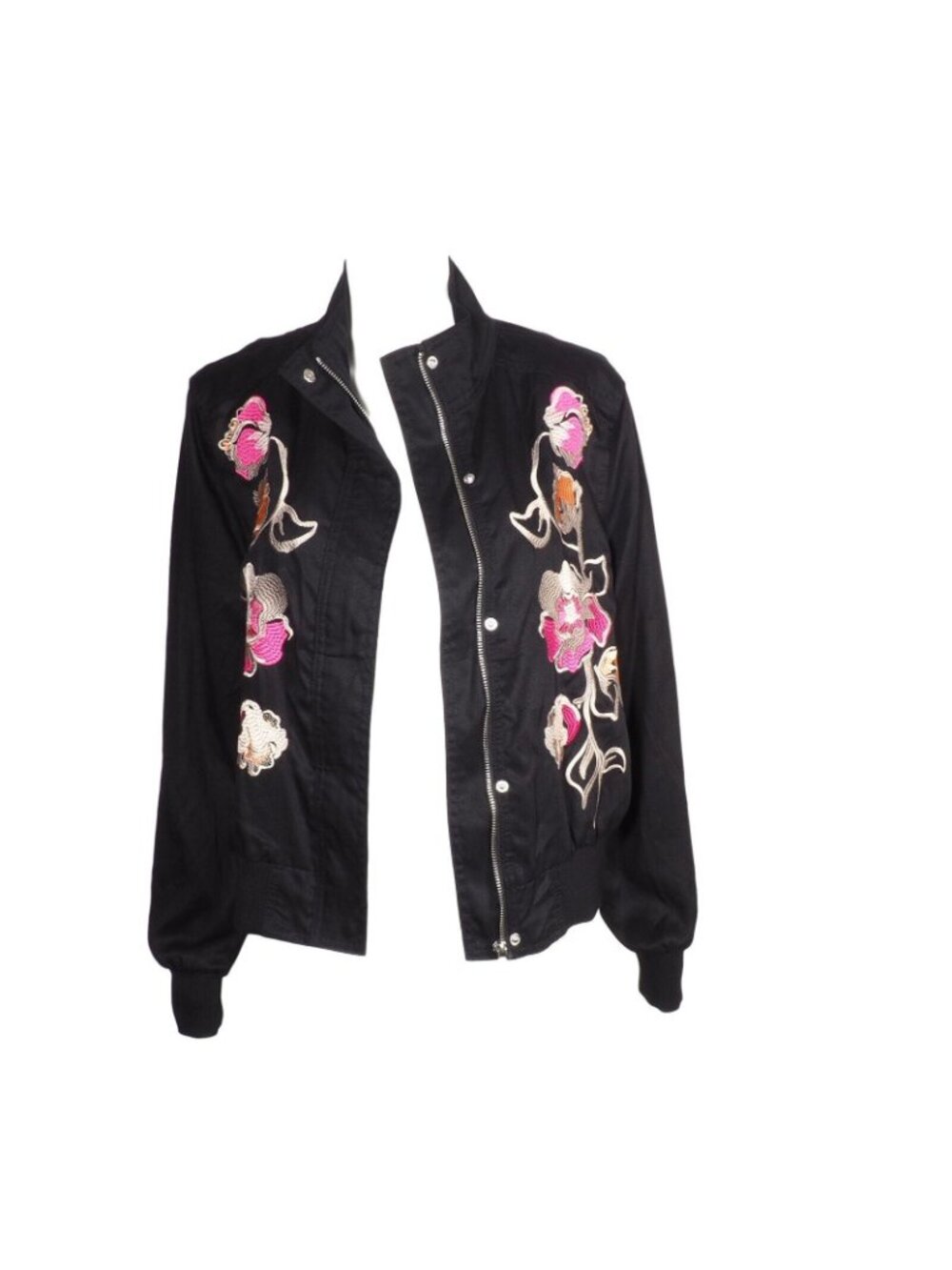 Context Womens Jacket Size S Floral Embroidered Nehru Black Pink Orange Silver - Picture 6 of 9